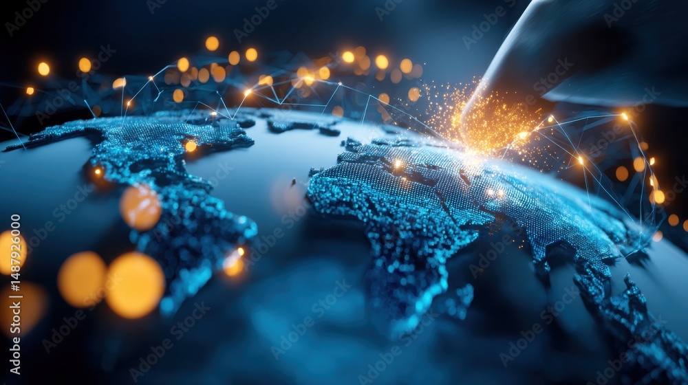 Aufkleber Global network connection, digital earth map with glowing points and lines, illustrating worldwide data transfer and communication. : Generative AI