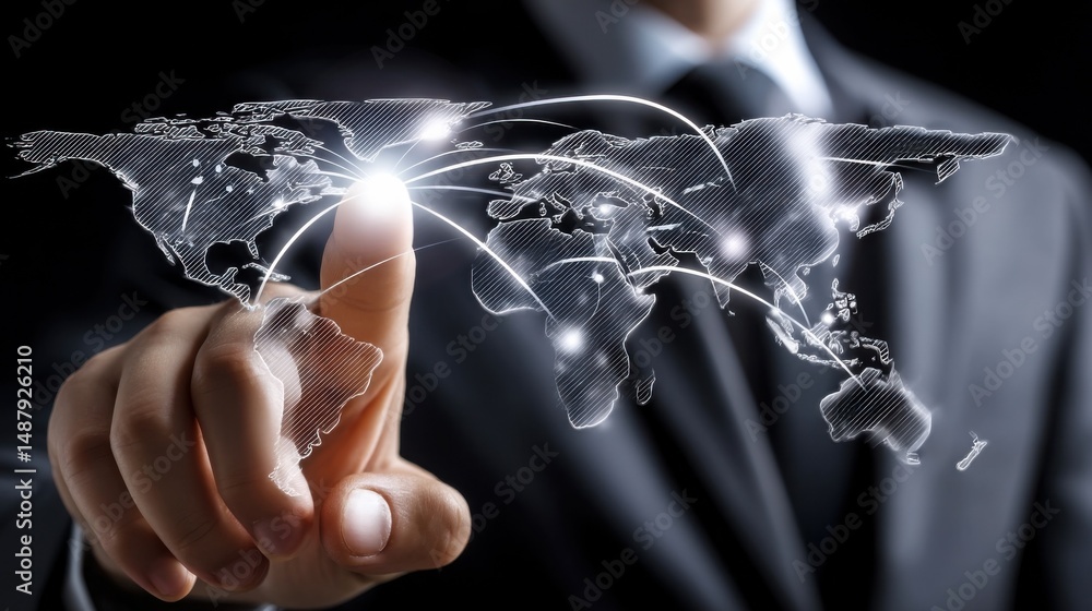 Poster a businessman's finger interacts with a glowing digital world map, illustrating global connectivity 