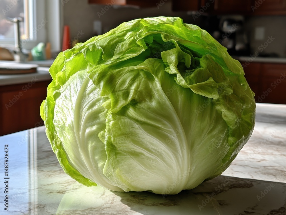 Poster a single head of crisp, green butter lettuce rests on a marble countertop, illuminated by sunlight s
