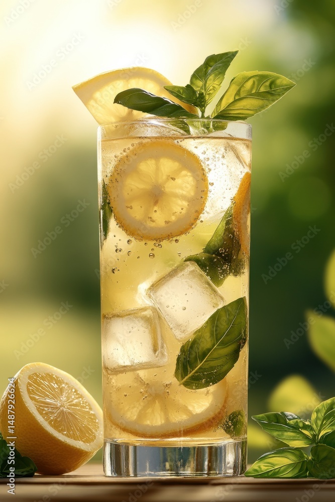 Poster refreshing summer lemon basil drink in tall glass with ice cubes, garnished with lemon slices and fr