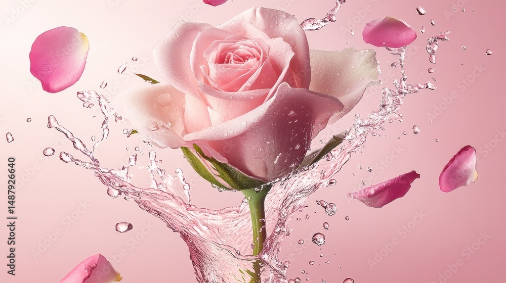 Poster a single pink rose emerges from a splash of water, petals floating around it against a soft pink bac