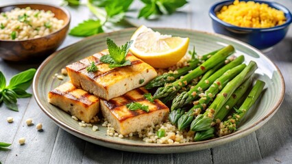 Pan-seared tofu on a plate with grilled asparagus spears and quinoa bowl in background, garnished with lemon wedges and fresh herbs , plant-based meal, grilled tofu