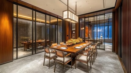 Modern, sophisticated dining room with warm wood tones.