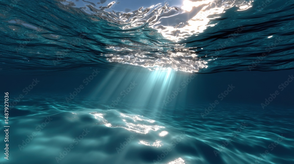 Aufkleber underwater scene with sunbeams penetrating the ocean surface, creating a dramatic light show on the 