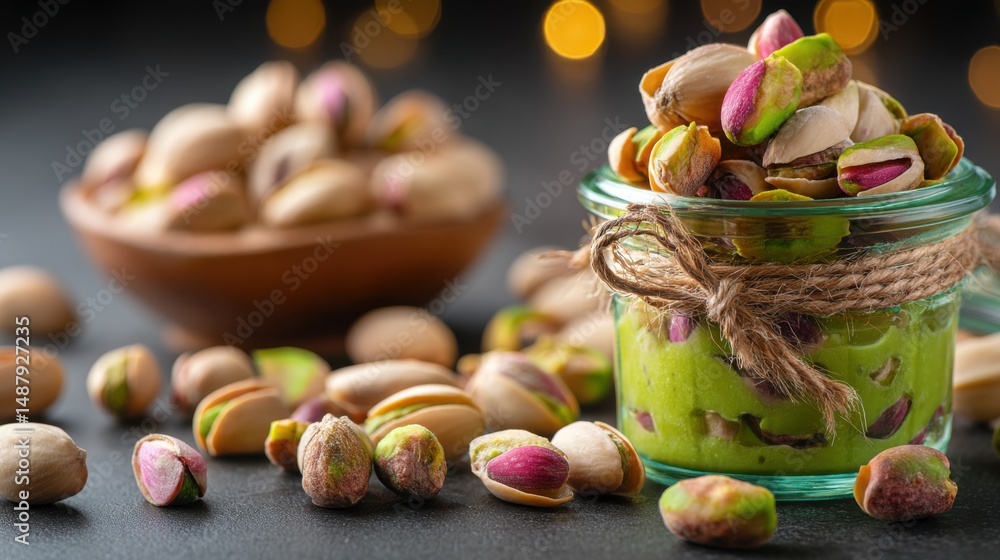 Poster a glass jar filled with pistachio paste and surrounded by shelled pistachios, some in a wooden bowl,