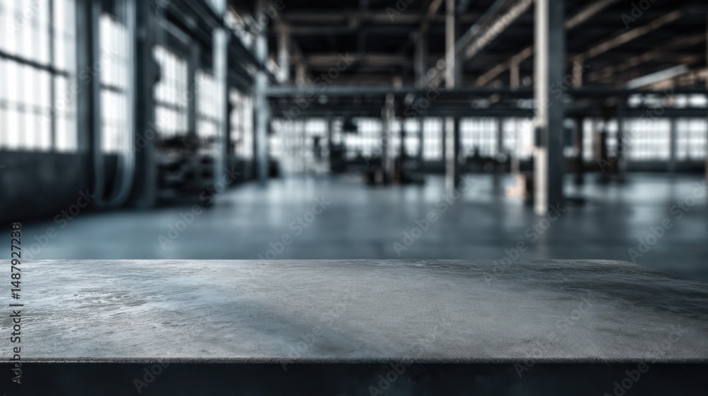 Aufkleber a dark gray stone countertop with a blurred industrial factory background, showcasing a spacious int