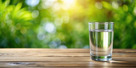 Glass container filled with crystal clear water on a wooden table , home decor, serene ,  home decor, serene