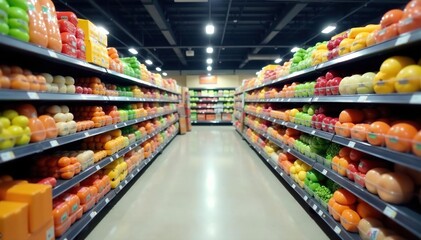 Well-stocked grocery aisle with colorful products, abundance, market