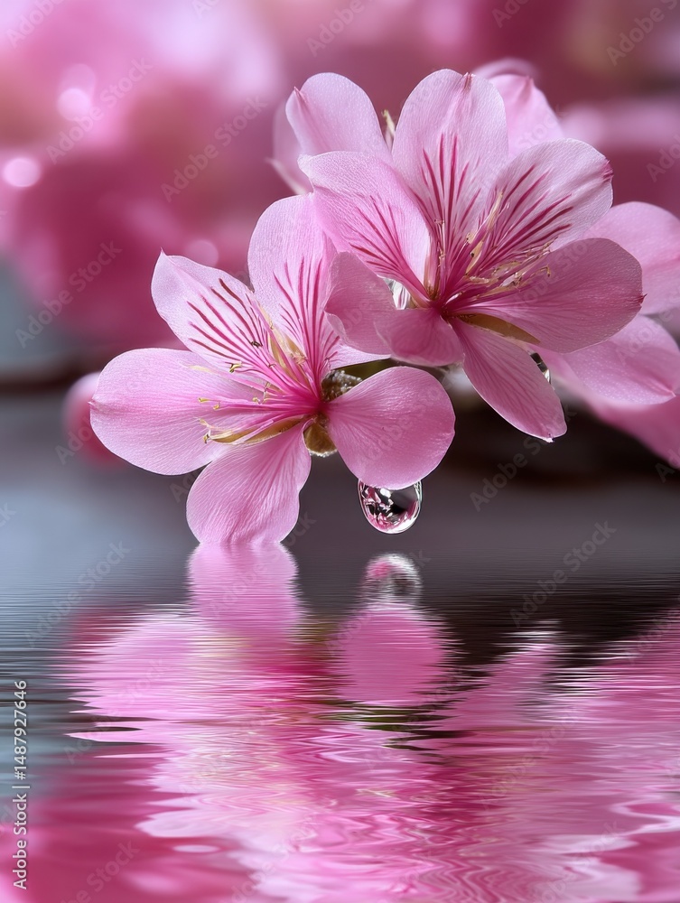 Poster two pink flowers with water droplet reflecting in calm water, creating a serene and tranquil image. 