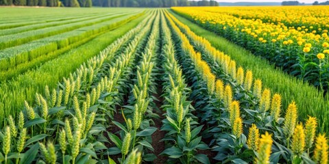 Fototapeta premium Fields of alternating row of wheat and field beans with green foliage and few yellow flowers, crop rotation, farming technique