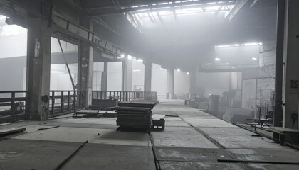 Naklejka premium Misty Warehouse Mezzanine with Industrial Lighting and Messy Atmosphere