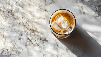 Iced coffee flat lay cozy caf setting warm light lifestyle brand representation