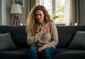 Obraz premium A woman holds her chest while sitting on a couch, showing signs of discomfort and possible pain.