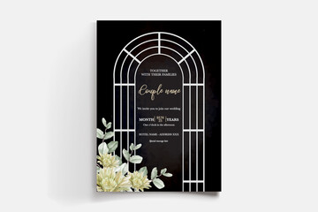 WEDDING INVITATION FRAME WITH FLOWER DECORATIONS AND FRESH LEAVES
