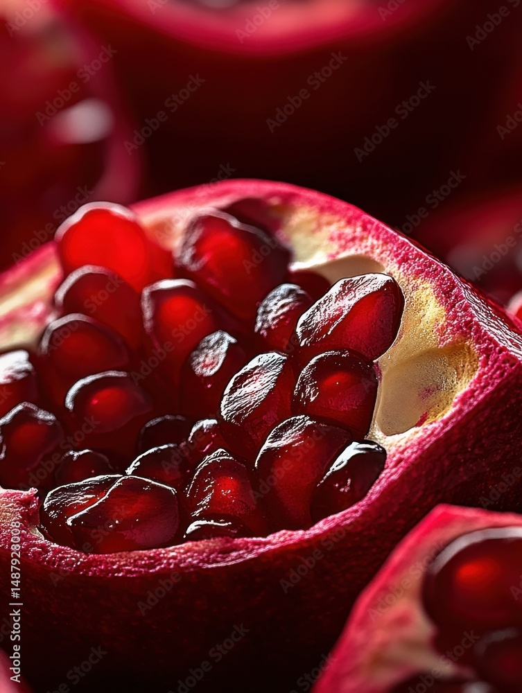 Poster close-up view of a vibrant red pomegranate, showcasing its juicy arils and textured rind. the image 