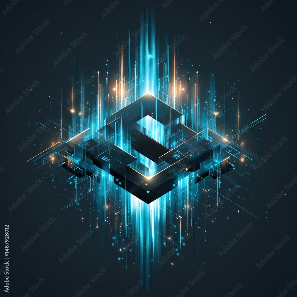 Poster futuristic digital block with glowing trails on abstract tech background design