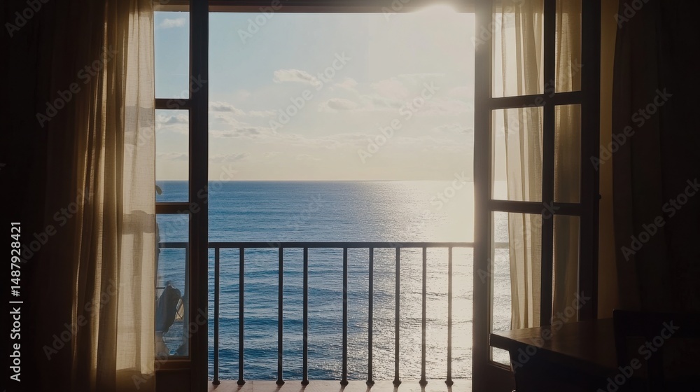 Aufkleber ocean view from a sunlit room, seen through open curtains and a balcony railing. sunlight glints on 