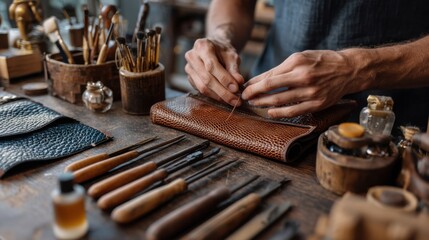 Artisan meticulously hand-stitching a brown leather snakeskin wallet, surrounded by antique leatherworking tools on a rustic wooden workbench. : Generative AI