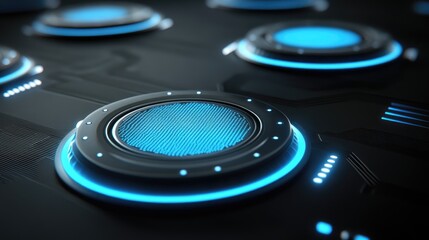 Futuristic tech interface with glowing blue circular elements displaying data patterns on a dark surface
