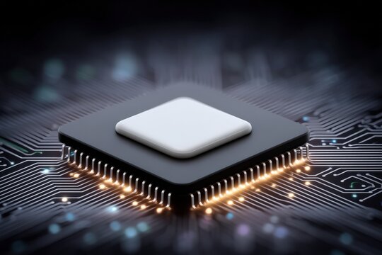 Close-up view of a computer processor showcasing intricate circuitry patterns and glowing connections representing advanced technology innovation in digital systems and computational power