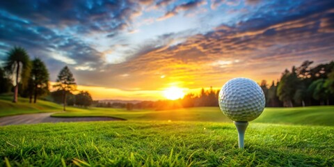 A golf ball tees positioned on a lush green grassy area with a tee sign in the background at sunset, sport equipment, golf ball