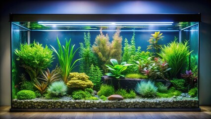 Serene underwater scene with empty aquarium tank filled with vibrant aquatic plants and soft lighting, ocean