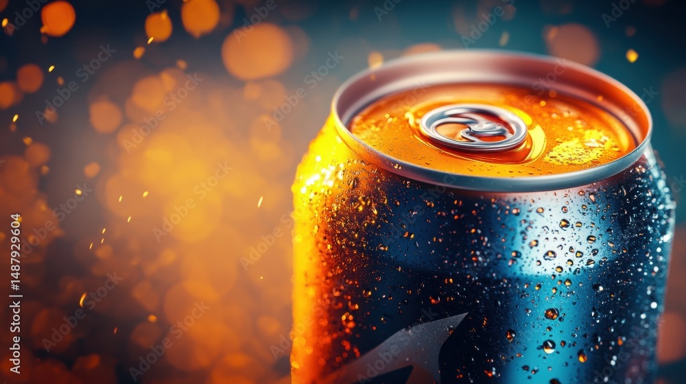Poster close-up of a cold, metallic beverage can with condensation, showcasing a vibrant orange liquid insi