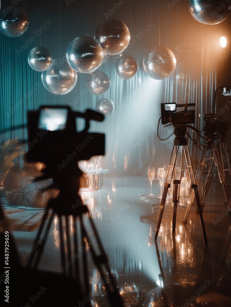 Poster studio filming setup with disco balls, champagne glasses, and professional video cameras on tripods,
