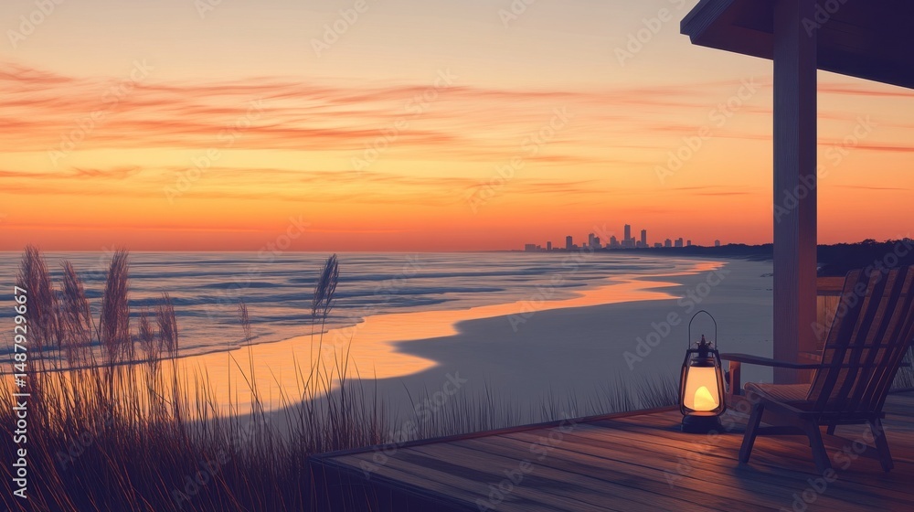 Aufkleber serene sunset view from a beach house deck, overlooking a calm ocean and distant city skyline at dus