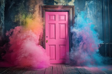 Pink door with colorful smoke in an old room with wooden floor. It represents new opportunity and dreams for a brighter future.