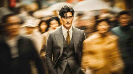 A stylish man in a grey three-piece suit confidently walks through a blurred city crowd, his presence commanding attention amidst the urban rush. : Generative AI