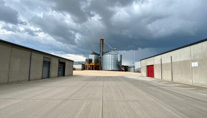Obraz premium Stormy Skies Over Minimalist Grain Silo Interior and Packaging Machines