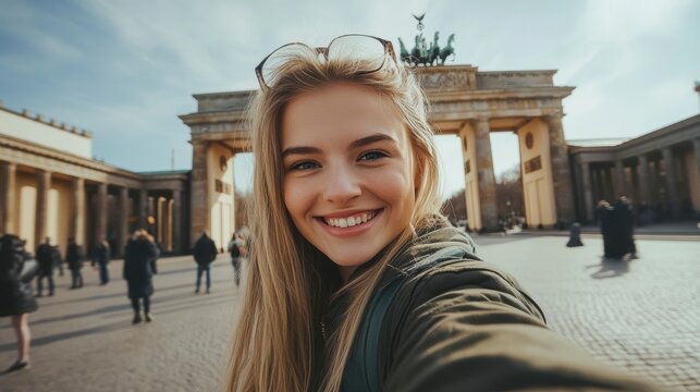 Happy young woman taking selfie at Brandenburg Gate, Berlin.