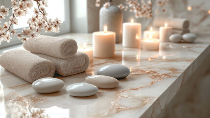 Spa towels, candles, stones on marble by window with blossoms