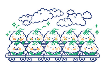 Rows of cream puffs with delicate icing cloud caps marching like a fluffy dessert train