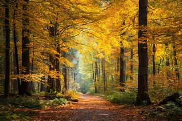 Autumn forest path with golden foliage
