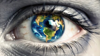 A close-up eye with a reflection of a world map showing continents and oceans , map, geography