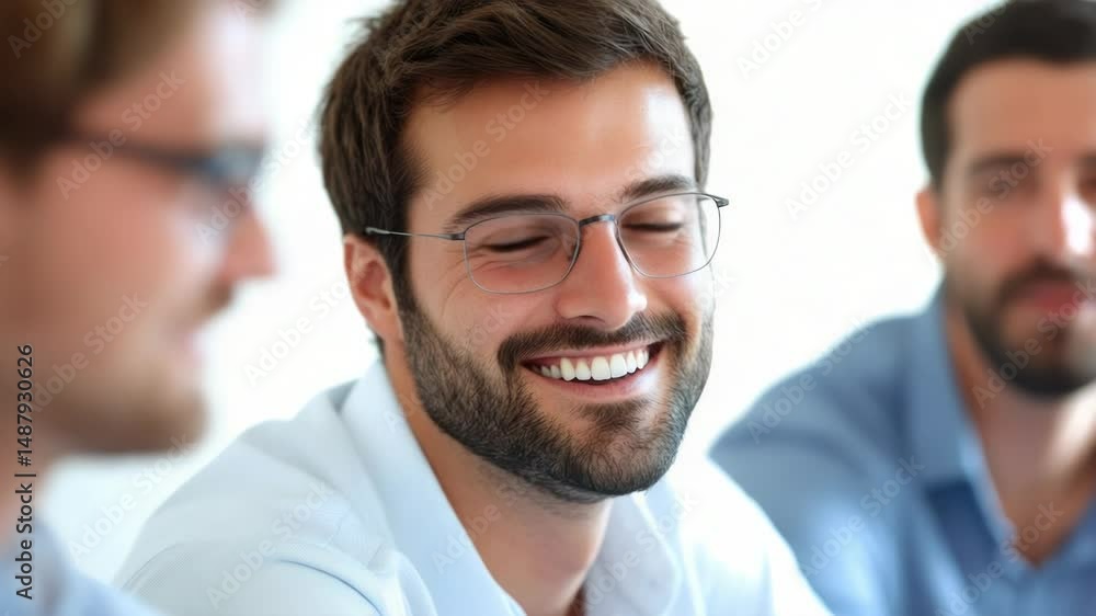 Aufkleber a portrait of a happy man with a beard and glasses, suitable for use in editorial or commercial cont