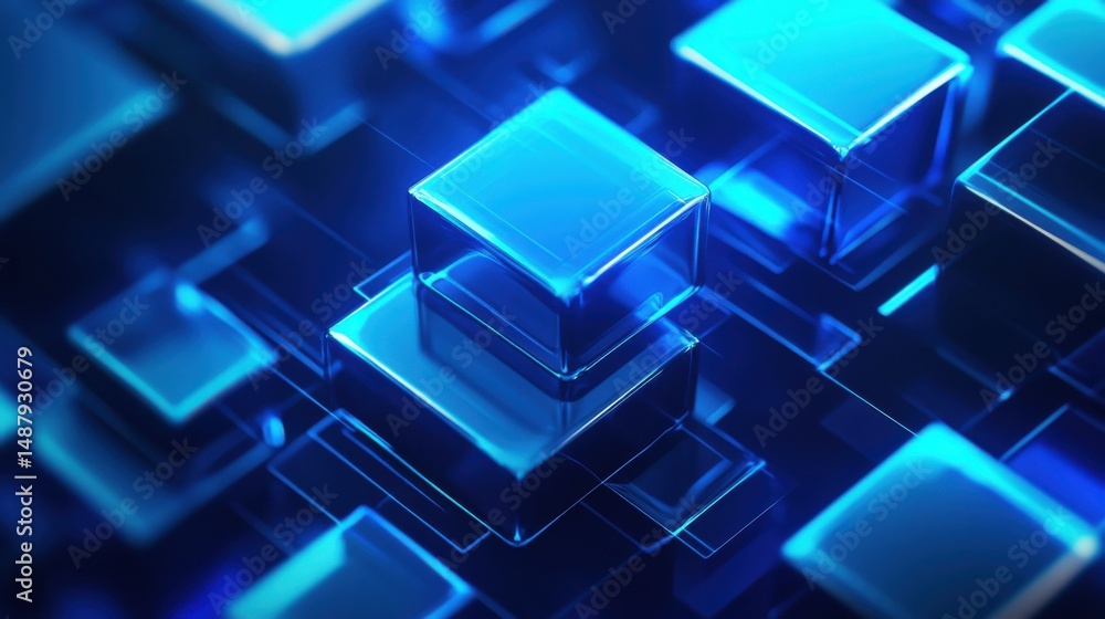 Poster Abstract composition of vibrant blue cubes, reflecting light and creating a dynamic, technological aesthetic.  The glossy surfaces and sharp angles suggest a modern, futuristic design. : Generative AI