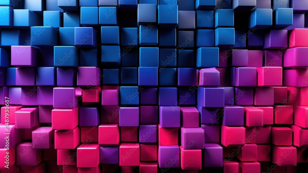 Aufkleber Abstract background of vibrant blue, purple, and pink cubes creating a dynamic, three-dimensional texture.  Ideal for modern designs and technology-related projects. : Generative AI