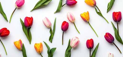 Obraz premium A vibrant flat lay showcasing a delightful arrangement of colorful tulips, meticulously positioned against a pristine white backdrop. : Generative AI