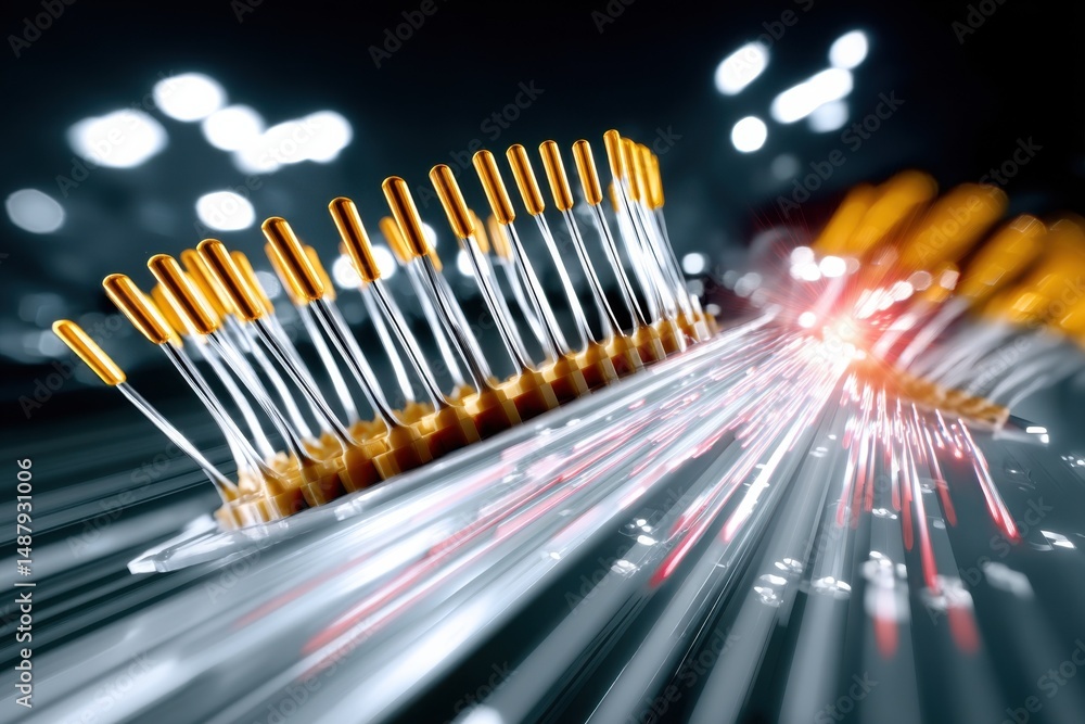 Aufkleber Abstract digital artwork depicting a futuristic circuit board with golden connectors and streaks of light, suggesting high-speed data transfer or technological innovation. : Generative AI