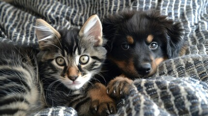 Close-up of a cute kitten and puppy cuddling stock photo --ar 16:9 --raw --v 6 Job ID: 96f4f82d-36ab-4927-89be-d5226f5e74bc