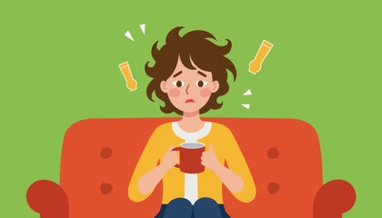 Young woman sitting on couch holding coffee mug with a worried expression  