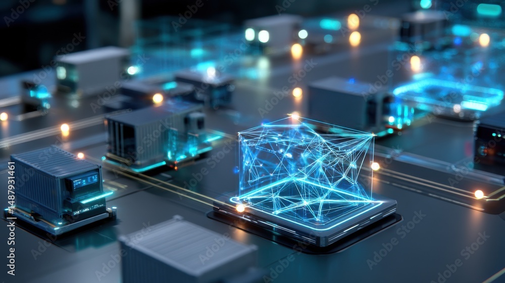 Leinwandbilder futuristic smart logistics network: digital cube representing data flow among autonomous delivery tr