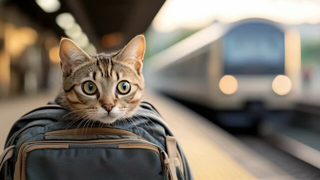 A cat is comfortably settled in a backpack at a train station as a train arrives under the soft morning light