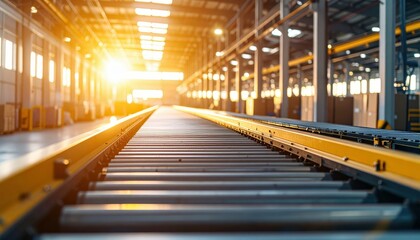 Fototapeta premium Modern Warehouse with Conveyor Belts Illuminated by Golden Hour Light