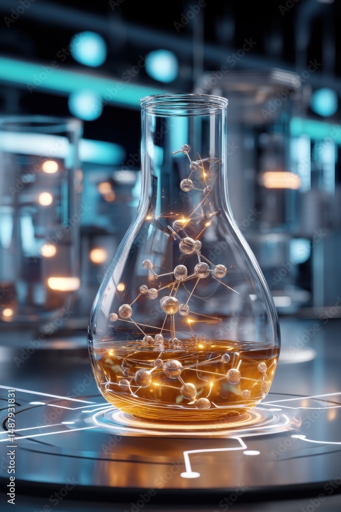 Poster glowing molecule model inside a glass flask, rests on a futuristic surface in a modern laboratory se