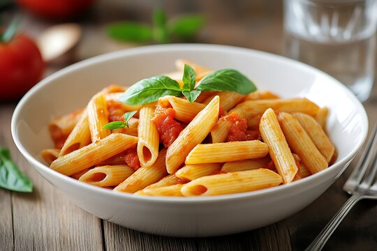 Close-up photo of penne pasta served with rich tomato sauce and fresh basil in a white bowl on a rustic wooden table
