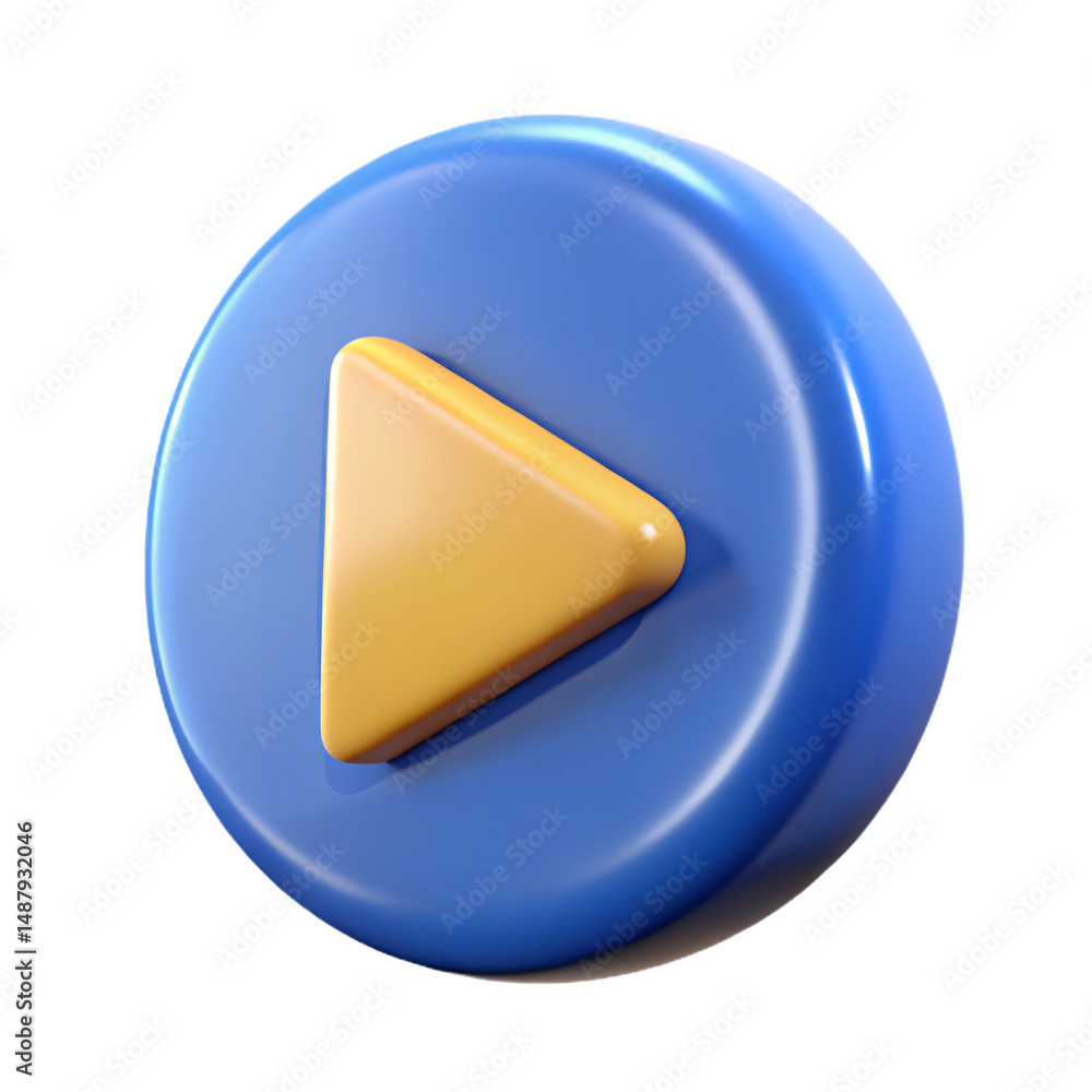 Poster 3d render of a blue play button with a yellow arrow isolated on a transparent background
